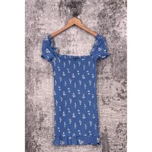 Reformation Dress Large Womens Blue Floral Smocked Ruffle Mini